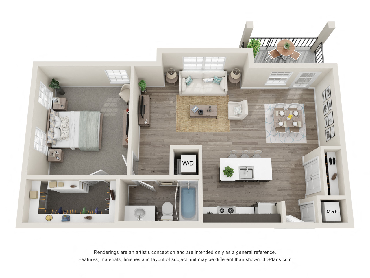 Floor plan for 1 bed, 1 bath, 842 sqft